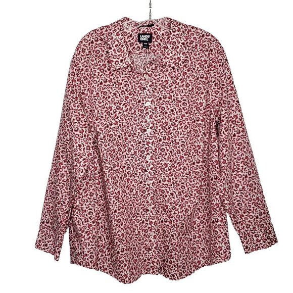 Lands End Womens Floral Button Front Top Shirt Sz 18 Red Black No Iron Supima - Picture 1 of 5